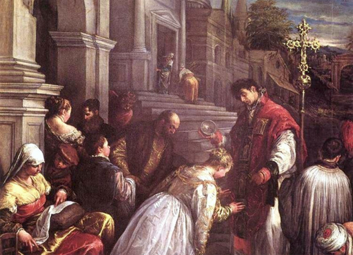 Particolare di San Valentino battezza Santa Lucilla di Jacopo Bassano