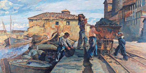 Dipinto in stile "post macchiaioli" che ritrae una scena sul molo del porto di Livorno. Da una barca viene scaricato del carbone, che va a riempire un carro ferroviario. Tutto il trasporto si fa a braccia: vediamo tre persone a bordo, uno che sta scaricando una coffa, un altro che dalla barca sta salendo sul molo, e due operai che spingono il carro. Il cielo è sereno ma qualche nuvoletta sta arrivando dal mare