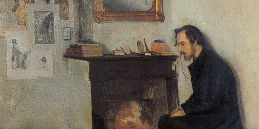 Dipinto che ci mostra un giovane uomo, stempiato ma con barba e baffi, vestito di nero, seduto con aria sconsolata davanti al caminetto; forse è stato ingiustamente accusato del delitto? Sulla mensola del caminetto alcuni libri, più in alto uno specchio, alle pareti diversi disegni non riescono a rallegrare l'atmosfera cupa.