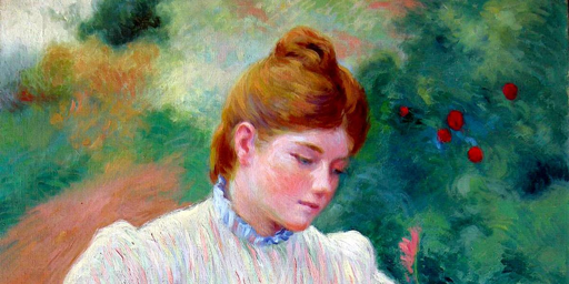 Dipinto che ritrae una fanciulla dai capelli rossi, in un giardino che appare come uno sfondo sfocato. La fanciulla porta i capelli raccolti sul capo, ed indossa una camicia bianca con un pizzetto azzurro intorno al collo. Guarda verso il basso con gli occhi socchiusi e l'espressione seria
