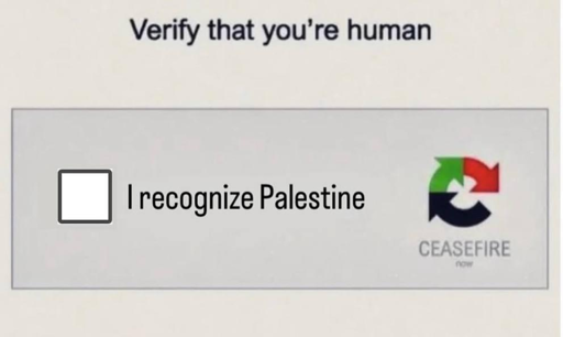L'immagine mostra un'interfaccia di un test di verifiche umane, tipico di siti web per prevenire il botting. In alto, c'è il testo "Verify that you're human" (Verifica che sei umano). Sotto, c'è un riquadro grigio con un quadrato vuoto a sinistra e il testo "I recognize Palestine" (Riconosco la Palestina) a destra. Accanto al testo, c'è il logo di "CEASEFIRE now" con un cerchio formato da tre frecce colorate: verde, rosso e nero. Il testo e il logo sono in nero su sfondo grigio.