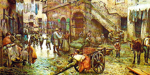 Dipinto che ritrae una scena di vita a fine 800 a Roma, intitolato Via Capocciuto. Un carretto ed un asino in primo piano, alcuni popolani che discutono al centro di una piazzetta, sulla sinistra donne sedute davanti a casa che cuciono. Dappertutto bambini, che corrono.