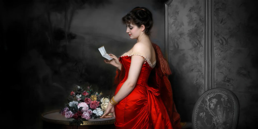 Dipinto che ritrae una giovane donna elegante, che mentre sta in piedi accanto ad un mazzo di fiori, legge con lo sguardo sognante una lettera, che probabilmente li ha accompagnati. La donna indossa un elegante abito di raso rosso con ampia scollatura; ha i capelli neri raccolti sul capo