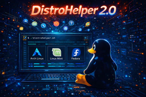 Tux che osserva un monitor con dei loghi di distribuzioni linux. Tutto intorno ci sono circuiti e in alto la scritta DistroHelper 2.0