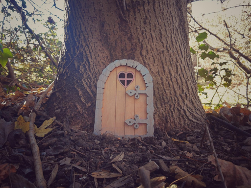 Una piccola porta di legno con un cuore si trova alla base di un albero nel bosco.