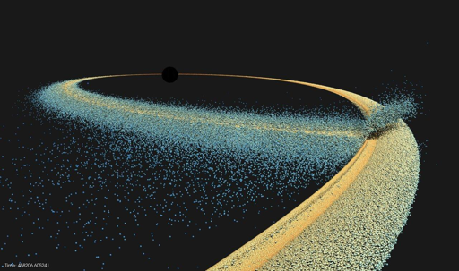 Rendering tridimensionale di particelle di detriti modellate, che evidenzia l'auto-intersezione del flusso del flusso di detriti descritto da un gruppo di ricercatori tra cui il professore di fisica di Syracuse Eric Coughlin.