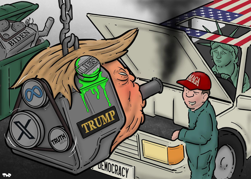 Un’illustrazione a fumetto mostra un grande motore etichettato "TRUMP" sospeso da una catena. Il motore presenta pulsanti segnati "TRUTH," "SOCIAL," un simbolo infinito, un simbolo "X" e "USA" in cima con liquido verde che gocciola. A destra, una persona in un cappello blu "MAGA" e un jumpsuit verde sta accanto a un'auto bianca con una targhetta "DEMOCRACY" a forma di bandiera americana, un tetto con una bandaiera a forma di bandiera americana e la Statua della Libertà al volante. Un cestino verde sullo sfondo mostra un cartello "BIDEN". Il motore e altri elementi incorporano simboli e testo politici.

