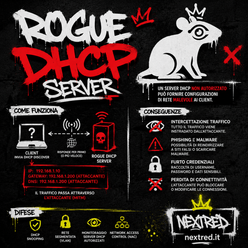 Poster in stile urban graffiti su sfondo nero. Titolo grande “ROGUE DHCP SERVER” in bianco e rosso con effetto spray. In alto una mascotte a forma di ratto bianco. A sinistra uno schema mostra un client che riceve configurazioni IP, gateway e DNS da un server DHCP malevolo. A destra elenco delle conseguenze: intercettazione del traffico, phishing, malware, furto di credenziali e perdita di connettività. In basso le difese: DHCP Snooping, segmentazione di rete (VLAN), monitoraggio dei server DHCP autorizzati e Network Access Control (NAC). Logo Nextred in basso a destra.