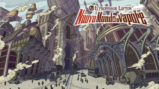 Illustrazione in stile steampunk di una città fantastica con imponenti edifici gotici, torri, ingranaggi e locomotive a vapore. In alto compare il titolo “Il Professor Layton e il Nuovo Mondo a Vapore”.