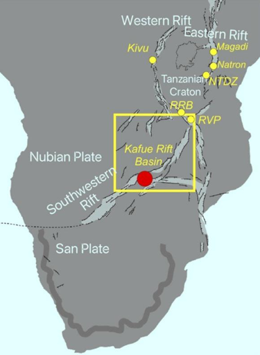 Mappa di localizzazione della zona estensionale all’interno dell’Altopiano Centrale Africano dello Zambia. Il Rift del Kafue è collegato ai rift del Luano e del Luangwa a nord-est, e al ramo occidentale del sistema di rift dell’East African Rift System presso il Rift di Rukwa (RRB) e la Provincia Vulcanica di Rungwe (RVP).