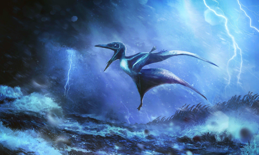 Un'impressione artistica di un piccolo pterodactylus che lotta contro una tempesta tropicale furiosa, ispirata alle scoperte fossili.