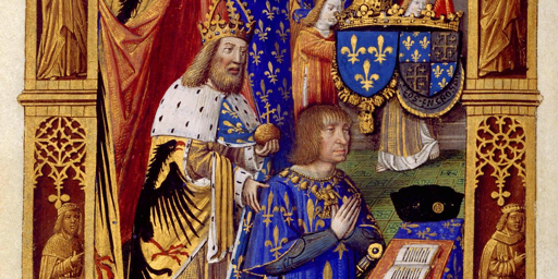 Particolare di dipinto medievale, che su sfondo dorato mostra due personaggi, in piedi un re con corona e manto di ermellino, inginocchiato un giovane con una veste blu a ricami dorati. Il re sta dietro al giovane e lo tiene per un braccio con aria protettiva