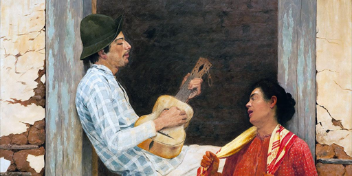 Dipinto che ritrae due giovani nel vano di una finestra, entrambi vestiti molto semplicemente. Lui ha un cappello in testa, una camicia a quadretti e sta suonando una chitarra; lei indossa un abito rosso e un fazzoletto colorato intorno al collo, ha la bocca aperta e forse canta. Sono entrambi bruni e dalla carnagione abbronzata