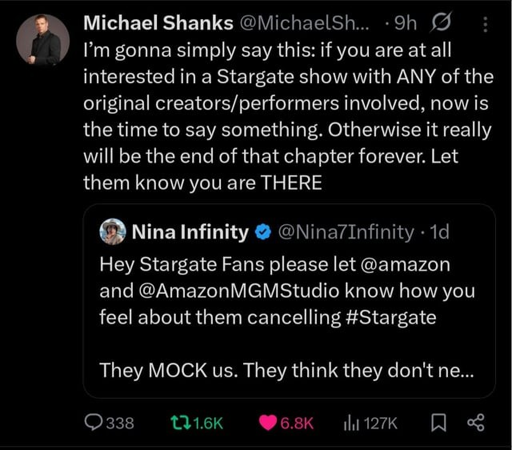 Stargate update from Michael Shanks twitter
