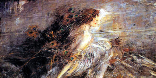 Dipinto che ritrae una donna, dai lunghi capelli castani adornati con alcune piume, quasi fosse avvolta in una nuvola di pizzo vaporoso. La donna guarda verso destra e si slancia, come se volasse, verso quella direzione; prevalgono i toni del rosso tiziano e del bianco