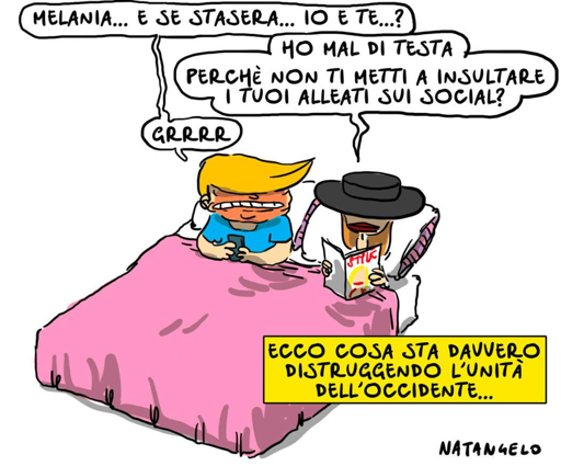 Nel disegno, Donald Trump a letto con sua moglie le chiede: "Melania... e se stasera... io e te...?"
"Ho mal di testa. Perchè non ti metti a insultare i tuoi alleati sui social?", gli risponde lei mentre legge una rivista facendolo infervorare.