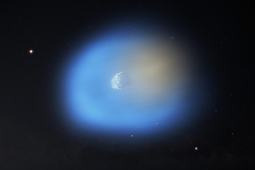 Un'immagine artistica di 3I/ATLAS mentre passa vicino al Sole, illuminando un lato della cometa. Sul lato della cometa più vicino al Sole, il metanolo gassoso è rappresentato in blu, con granelli di polvere ghiacciata ancora presenti nel gas. Sul lato oscuro della cometa, l'acido cianidrico è rappresentato in arancione.
