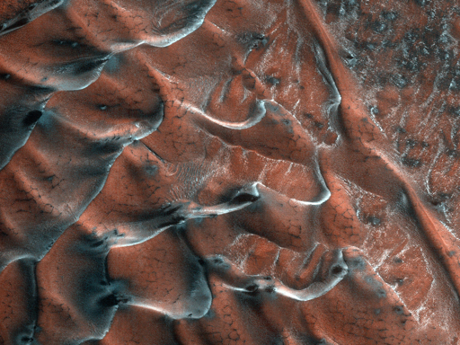 La superficie del campo principale di dune è caratterizzata da una serie di motivi poligonali scuri. Questi potrebbero essere il risultato di processi legati al gelo stagionale. Diverse delle dune più ripide, rivolte nella direzione del vento discendente, presentano strette scanalature che suggeriscono l’inizio della formazione di canaloni.

Il fondo del cratere mostra una varietà di trame, tra cui motivi lobati e striati che indicano lo scongelamento stagionale causato dalla sublimazione del ghiaccio. I movimenti di materiale lungo i pendii del cratere opposti al campo di dune somigliano superficialmente a canaloni, ma in genere non sono definiti da alcove distinte, canali incisi o ventagli di sedimenti: caratteristiche tipiche dei canaloni presenti in altre zone del pianeta.