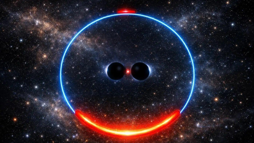 Rappresentazione artistica della luce stellare (arancione) deformata gravitazionalmente da un sistema binario di buchi neri supermassicci. L’anello di Einstein è mostrato in blu.