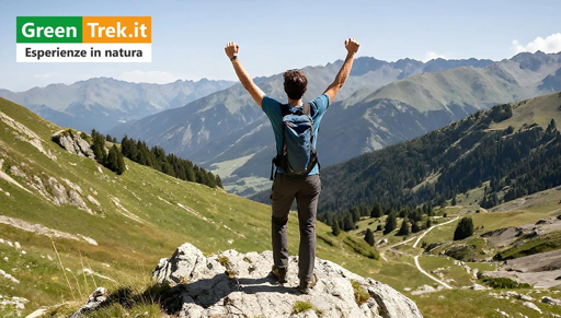 Escursionista in montagna cha arriva in cima ad una roccia ed esulta per la soddisfazione