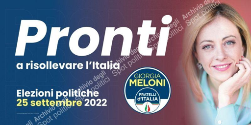 Immagine pubblicitaria per le Elezioni Politiche del 2022 con una fotografia di Giorgia Meloni modificata artificialmente tramite l'utilizzo di Photoshop e/o Intelligenza Artificiale.
