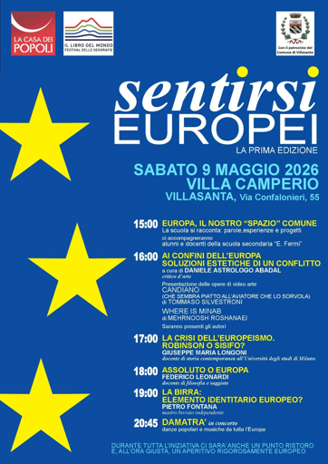 Grafica celebrativa con il testo “Sedici edizioni, tante storie, un filo comune: l’Europa”. Il progetto #SpazioAlloSpazio annuncia la partecipazione alla prima edizione di “Sentirsi Europei” il 9 maggio 2026 a Villasanta (MB), per raccontare cosa significa sentirsi parte dell’Europa attraverso esperienze e incontri condivisi.