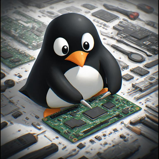 Tux, il pinguino di Linux intento a smontare una scheda madre di un pc usando diversi utensili