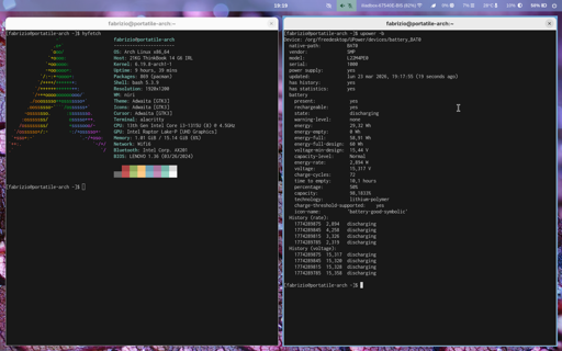 Screenshot di un desktop Arch Linux con due finestre di terminale aperte. A sinistra, l'output del comando hyfetch mostra le informazioni di sistema: OS Arch Linux x86_64, host 21KG ThinkBook 14 G6 IRL, kernel 6.19.8-arch1-1, CPU Intel Core i3-1315U a 4.5GHz, GPU Intel Raptor Lake-P UHD Graphics, 1.01 GiB di RAM usata su 15.14 GiB, rete Wifi6, con la palette dei colori del tema Adwaita in basso. A destra, l'output del comando upower -b mostra i dettagli della batteria: modello L22M4PE0, stato in scarica, energia attuale 29,32 Wh su 58,91 Wh (50%), 72 cicli di ricarica, autonomia stimata di 10,1 ore, tecnologia litio-polimero, capacità al 98,18%. In alto nella barra di sistema sono visibili l'ora 19:19, la connessione WiFi, la temperatura di 28°C e la batteria al 50%.

Generata con Claude AI