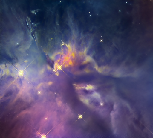 Questa immagine di Hubble mostra un piccolo gruppo di stelle giovani immerse in nubi molecolari di gas e polvere. Vicino al centro dell’immagine, nascosta dietro le nubi polverose, si trova la protostella HOPS 181. Il lungo arco curvo nella parte superiore sinistra dell’immagine è modellato dal flusso di materiale proveniente dalla protostella, probabilmente generato dai getti di particelle emesse ad alta velocità dai poli magnetici della protostella. La luce delle stelle vicine si riflette e si diffonde sui granelli di polvere che riempiono l’immagine, conferendo alla regione il suo tenue bagliore.