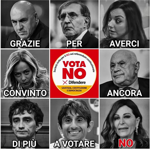 Nell'immagine, un collage di volti del Governo Meloni:

. Crosetto
. La Russa
. Montaruli
. Meloni
. Nordio
. Bignami
. Donzelli
. Santanchè

In mezzo il logo "VOTA NO per difendere Giustizia, Costituzione e Democrazia".
