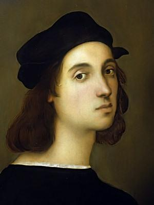 Autoritratto di Raffaello Sanzio. Il celebre dipinto ci mostra, su sfondo scuro, il volto pensoso di un giovane bruno, pallido, dagli occhi scuri, che indossa un cappello nero ed un abito nero con un sottile bordo bianco intorno al collo