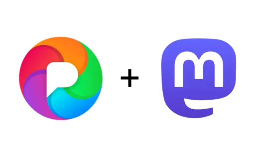 The image displays two app icons with a plus sign between them. On the left, a circular icon features a white "P" at its center, encircled by overlapping segments in red, orange, green, blue, and purple. On the right, a rounded square icon has a white lowercase "m" on a purple background. A black plus sign is positioned between the two icons.