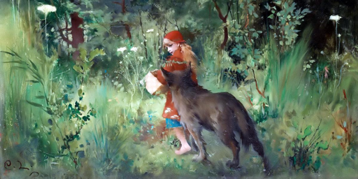 Disegno che richiama la fiaba di Cappuccetto Rosso: in un bosco c'è una bimba bionda, con giacca e cappellino rosso, seguita da un lupo grigio