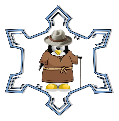 Il pinguino Linux vestito con saio, bastone e cappello Borsalino sullo sfondo la rappresentazione della Cittadella di Alessandria