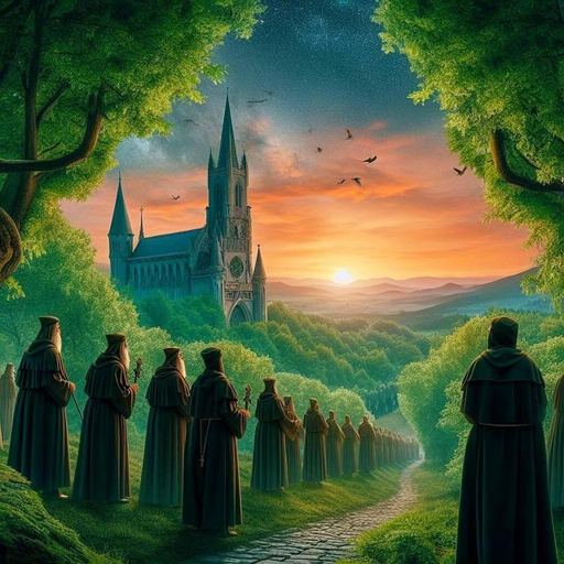 Immagine a colori generata dalla Intelligenza Artificiale, ci mostra un corteo di monaci che si incammina lungo una strada serpeggiante nel bosco. Domina il bosco una chiesa in pietra con alto campanile; domina la scena il sole al tramonto che arrossa il cielo
