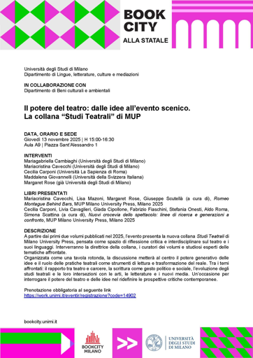 Locandina "Il potere del teatro", evento Bookcity sulla collana "Studi teatrali" di MilanoUP