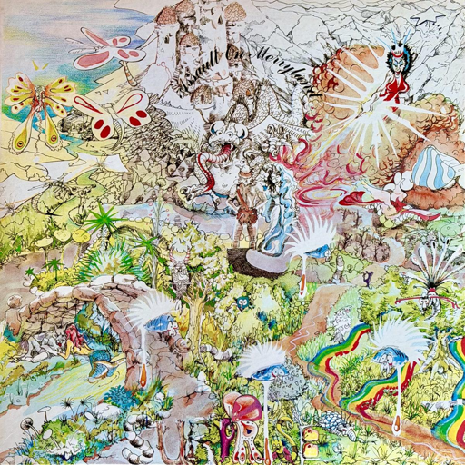 Copertina del disco con paesaggio imper-particolareggiato dai colori psichedelici,  tipico degli album anni 70 del rock progressive.