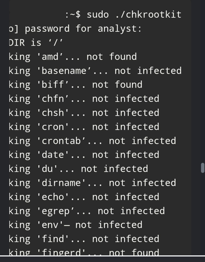 Screenshot di un terminale Linux di ricerca Rootkit tramite comando Chkrootkit. Il risultato è non infetto.