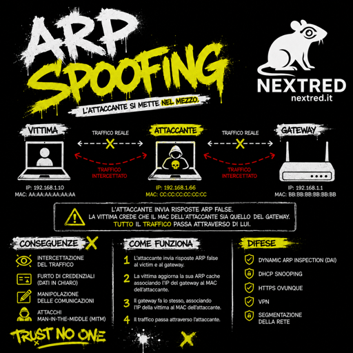 Poster in stile urban graffiti con sfondo nero e dettagli bianchi e giallo fluo. Titolo grande “ARP SPOOFING” con effetto spray e colature. Un ratto stilizzato rappresenta l'attaccante. Al centro uno schema mostra una vittima che crede di comunicare con il gateway, mentre il traffico viene deviato verso l'attaccante che si trova nel mezzo. Icone evidenziano intercettazione del traffico, furto di dati e manipolazione delle comunicazioni. In basso sono mostrate le contromisure: Dynamic ARP Inspection (DAI), DHCP Snooping, HTTPS, VPN e segmentazione della rete. Logo Nextred in stile stencil.