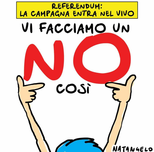 Nel disegno, il disegnatore satirico Natangelo esprime la sua posizione al riguardo del referendum con una frase emblematica: "Vi facciamo un NO così".