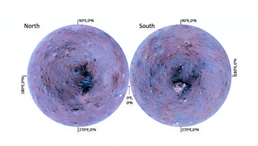 (Sinistra) proiezione azimutale equidistante del polo nord e (destra) del polo sud in mappe composite a colori migliorati, con i canali blu, verde e rosso assegnati rispettivamente alle bande ul, v e p. La circonferenza rappresenta l’equatore.