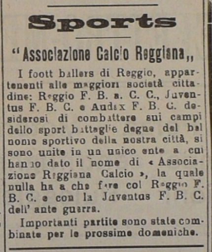 Iniziamo oggi per www.spazioreggio.it una breve storia della Reggiana, la squadra di calcio di Reggio Emilia. E per farlo partiamo dall’inizio, in quel 25 settembre del 1919, data indelebile nei cuori dei tifosi granata. La foto è il particolare della notizia della fondazione così come la dava "il Giornale di Reggio"