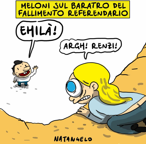 Nel disegno, Giorgia Meloni, mentre si affaccia su di un precipizio, viene salutata dal fondo di questo da un sorridente Matteo Renzi.