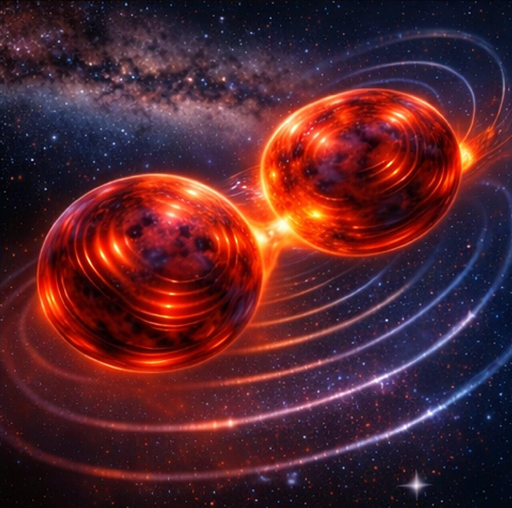 Rappresentazione di una coppia di stelle di neutroni durante la fase di spiraleggiamento (inspiral). Ogni stella esercita forze mareali sulla sua compagna, deformandola ed eccitando al suo interno particolari schemi di frequenza, che lasciano impronte nelle onde gravitazionali emesse. I ricercatori possono analizzare queste onde gravitazionali per “ascoltare” ciò che avviene all’interno delle stelle.