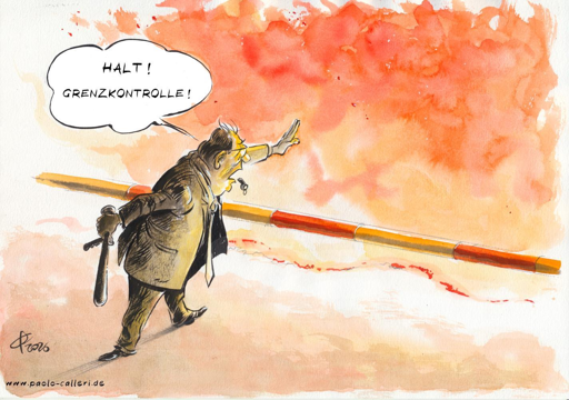 Vignetta di Paolo Calleri
paolo-calleri.de
Titolo
"Situazione di tensione al confine"
Un uomo con un manganello si trova di fronte a una barriera di confine. Estende il braccio sinistro in segno di difesa verso un mare di fiamme dietro la barriera. L'uomo grida: Fermatevi! Controllo di frontiera!