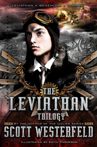 Copertina del libro "LEVIATHAN": sullo sfondo si stagliano macchinari fantastici in stile steampunk, in primo piano la protagonista vestita da aviatore di inizio 20° secolo.