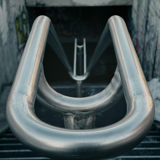 A close-up view of a curved stainless steel handrail leading down a staircase. The background features a dimly lit stairwell with graffiti on the walls.