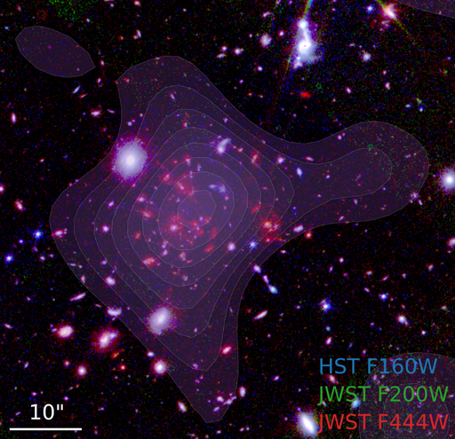 L'immagine di Hubble (blu) e James Webb (verde e rosso) mostra decine di galassie attive racchiuse nell'ammasso infantile SPT2349-56, osservato quando l'Universo aveva solo 1,4 miliardi di anni. I contorni sovrapposti tracciano il rilevamento da parte di ALMA dell'effetto termico Sunyaev-Zel'dovich, rivelando il gas caldo intracluster che riempie il nucleo dell'ammasso infantile.