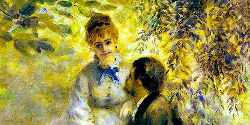 Dipnto di Renoir intitolato "Gli amanti", ci mostra un uomo ed una donna in un bosco, seminascosti dalle fronde, in una atmosfera solare e dorata. La donna sorride, è giovane, bionda con i capelli raccolti, indossa un abito bianco con un fiocco blu; l'uomo ha una giacca marrone, è bruno, posto quasi di spalle che guarda la donna, e vediamo di scorcio la barba ed i baffi sul suo volto
