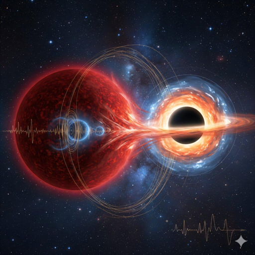 Immagine generata dall’IA di una gigante rossa in orbita attorno a un buco nero silenzioso nel sistema Gaia BH2. 